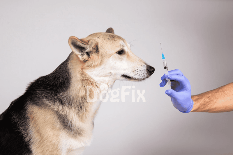 Dog receiving vaccine injection from veterinarian.