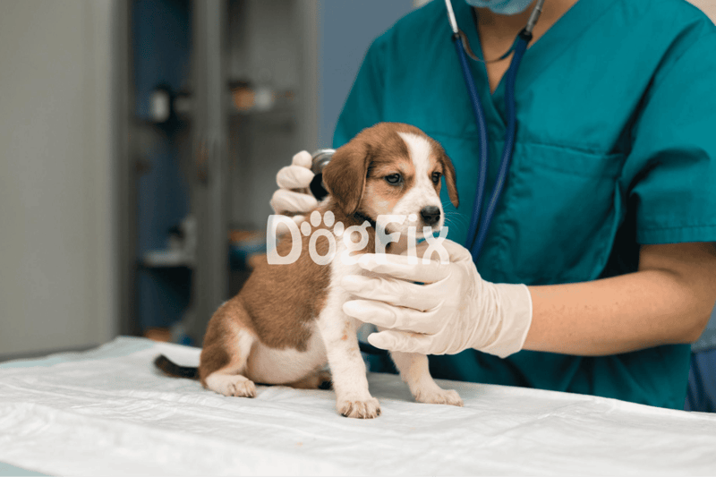 Puppy being examined by veterinarian in clinical setting.
