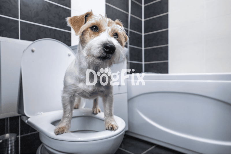 Cute dog standing on toilet with open lid in modern bathroom.