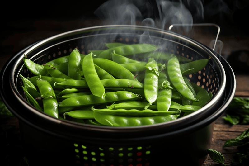 Bright green sugar snap peas in a steaming basket with steam rising.