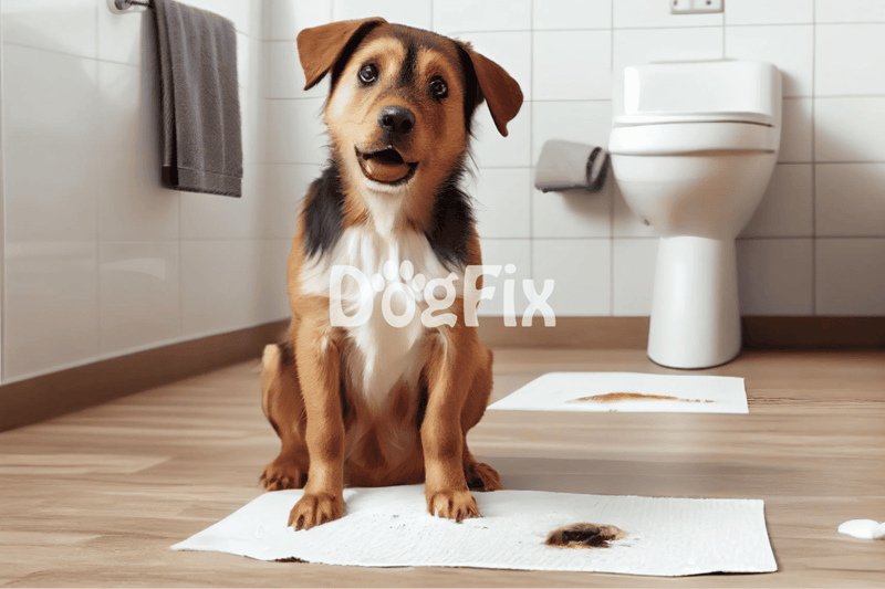 Adorable dog sitting on toilet paper in bathroom.