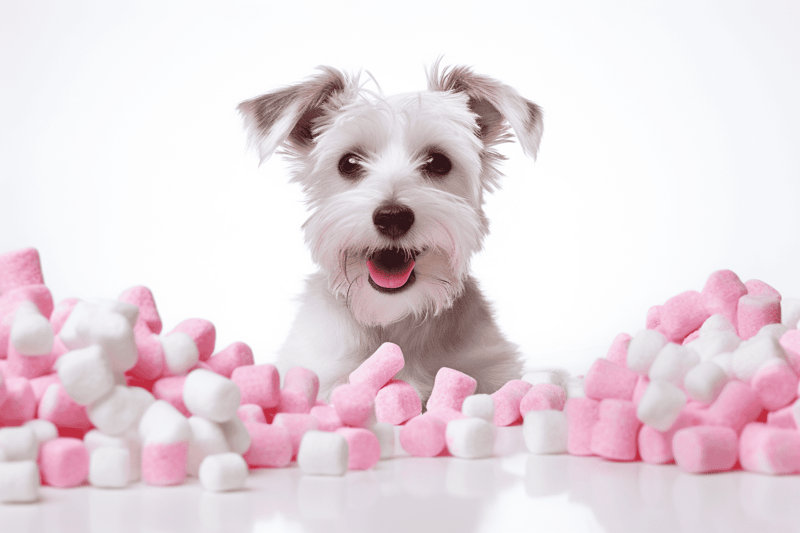 Adorable white puppy surrounded by pink and white marshmallows, smiling with a playful expression.