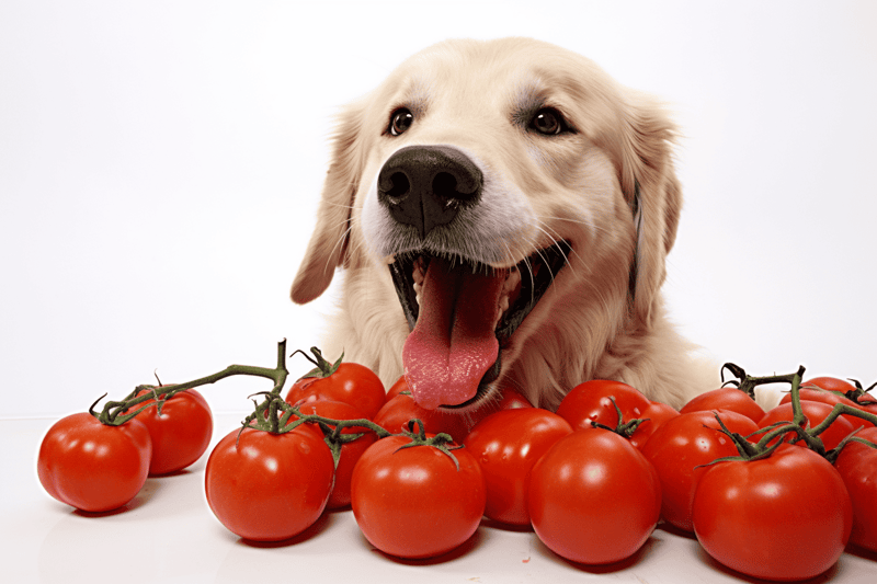 Happy dog with tomatoes, healthy dog food, pet care.