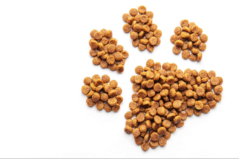 Healthy dog food kibble on white background.