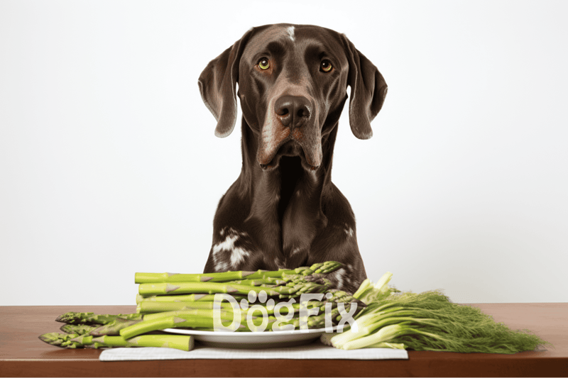 Brown and white dog with asparagus.