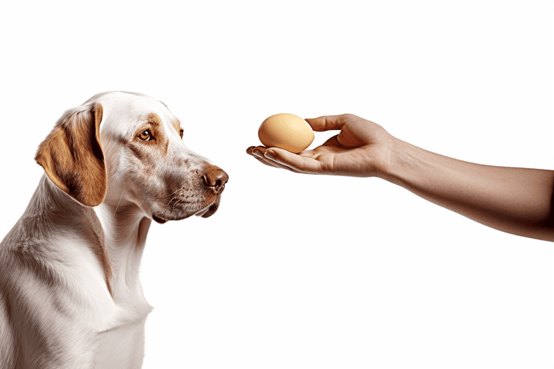 Dog and human hand holding an egg, highlighting pet nutrition and health.