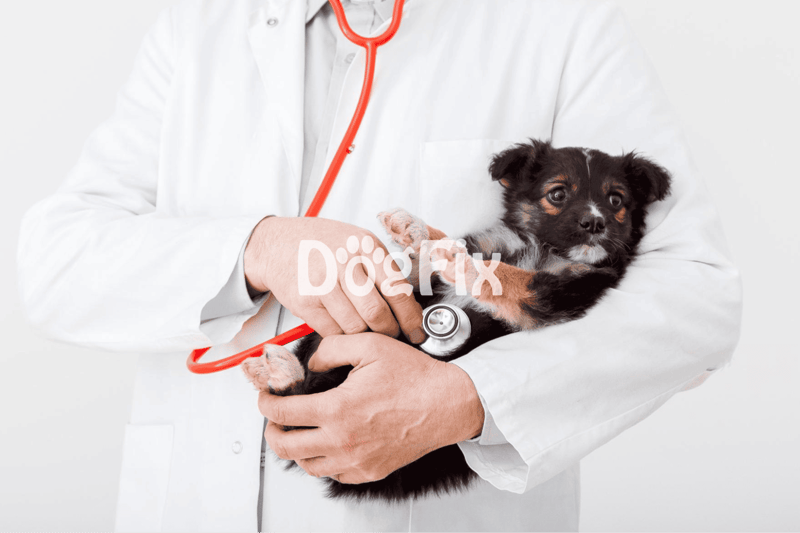 Cute puppy receiving veterinary checkup, health assessment by veterinarian.