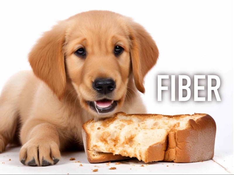 Adorable golden retriever puppy with a slice of bread, promoting fiber-rich diets for healthy dogs.