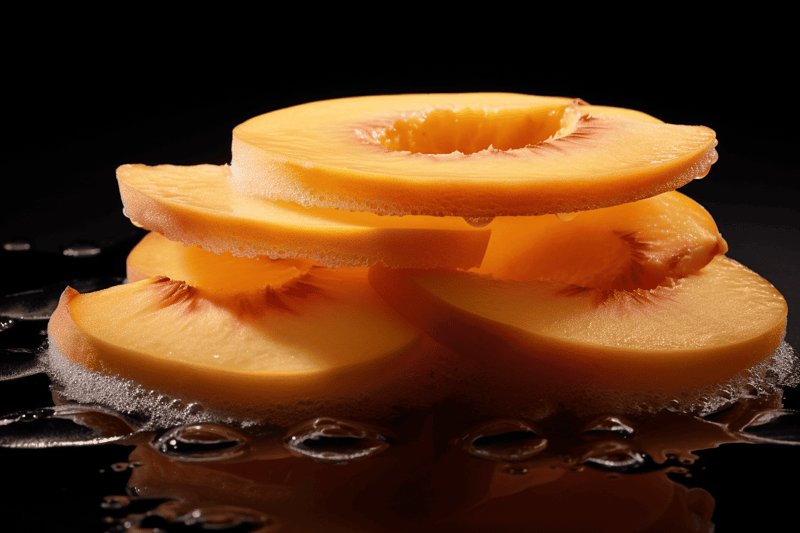 Close-up of juicy, sliced peaches with water droplets, highlighting freshness and vibrant color.