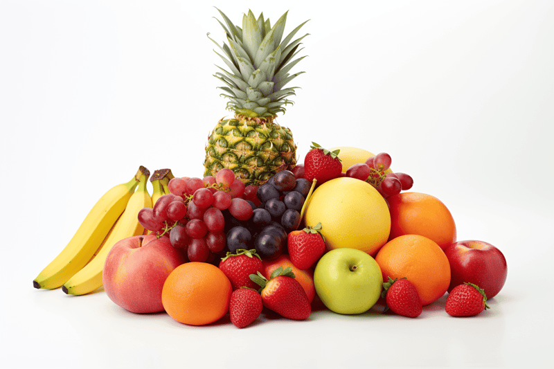 Bright pineapple and assorted fresh fruits on white background.