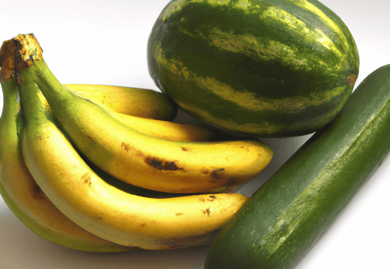 Close-up of ripe bananas, watermelon, and cucumber on white background.