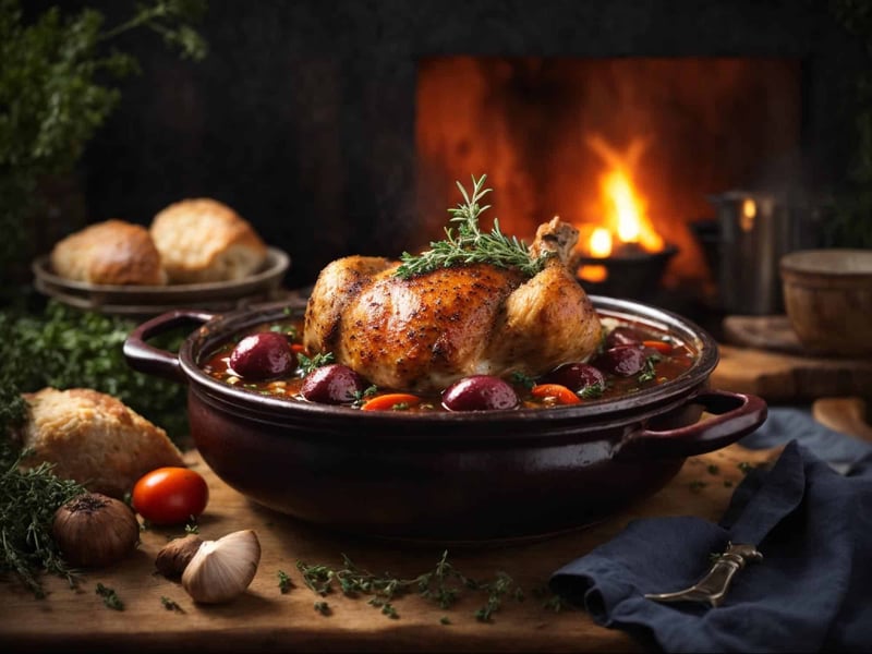 Delicious roasted chicken served in a traditional crockpot, garnished with herbs, with fresh ingredients around.