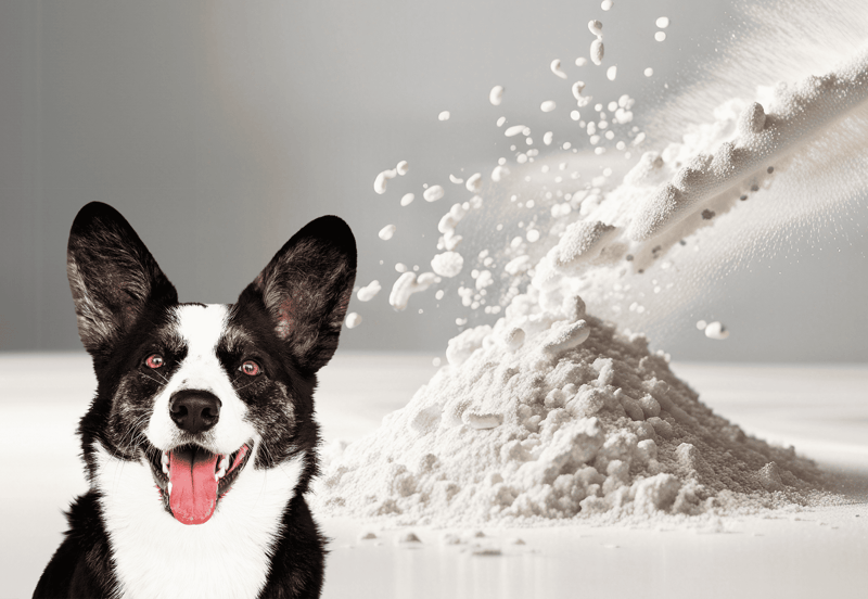 Dog nutrition supplement powder for healthy digestion and coat.