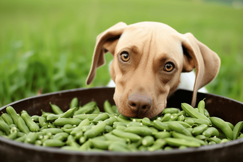 Close-up of adorable dog with brown eyes licking a bowl of green beans outdoors.