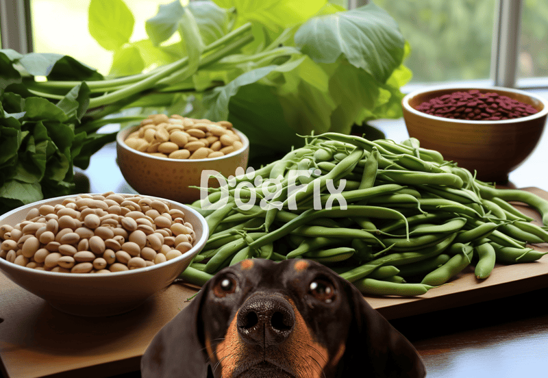Healthy dog food ingredients with fresh vegetables and legumes.