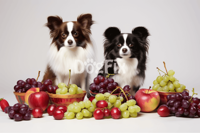 Adorable Dachshund and Papillon dogs sitting with bowls of grapes and apples on a clean white background.