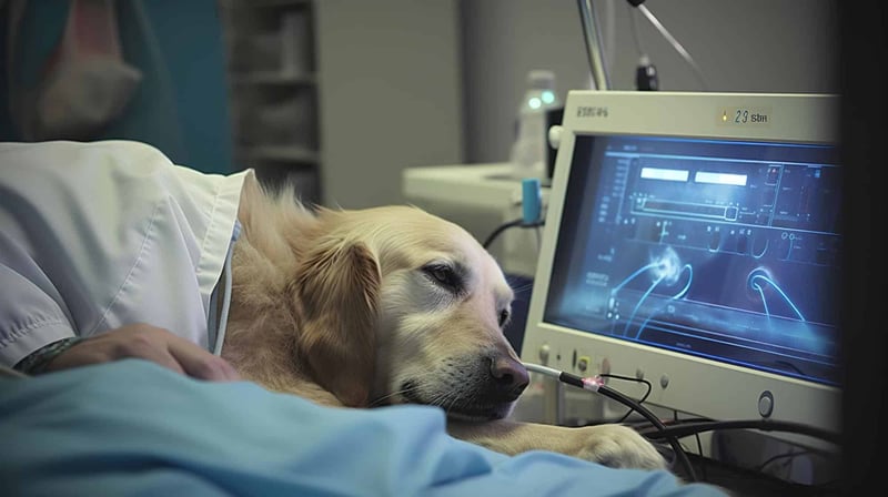Dog lying next to advanced medical monitoring equipment at a veterinary clinic.