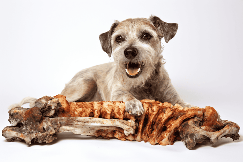 Dog with raw bone, highlighting canine dental health and natural chewing instincts.