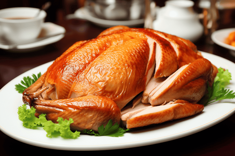 Delicious roasted chicken served on a white platter with fresh herbs and greens. Perfect for family dinners and special occasions.