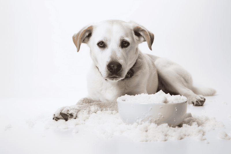 Cute dog lying on snow with a bowl of snow, looking curiously at the camera. Perfect for dog lovers and pet care websites.