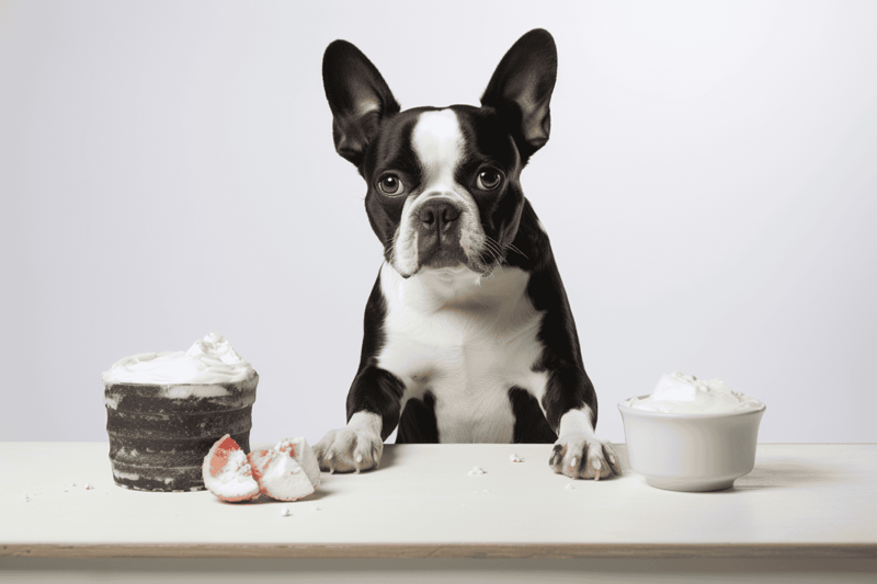 Adorable French Bulldog with treats on a white surface.