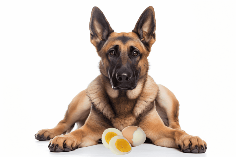 Dog nutrition and care with a German Shepherd puppy lying next to boiled eggs.