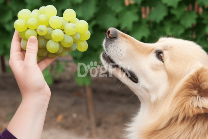 Dog looking at grapes, warning about toxic foods for dogs, pet health and safety advice.