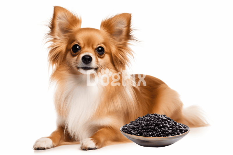Adorable small dog with a bowl of healthy black dog treats against a white background.