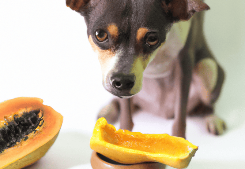 Adorable dog with papaya for healthy eating habits.