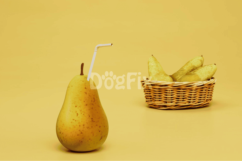 Fresh pear with drinking straw, ideal for healthy dog treats and nutrition.