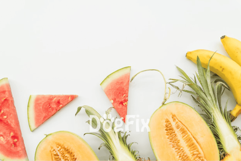 Watermelon, pineapple, and banana pieces suitable for dogs, promoting healthy eating habits and natural dog treats.