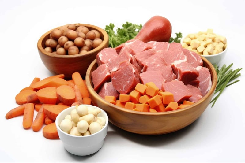 Healthy raw meat and vegetable ingredients for dogs.