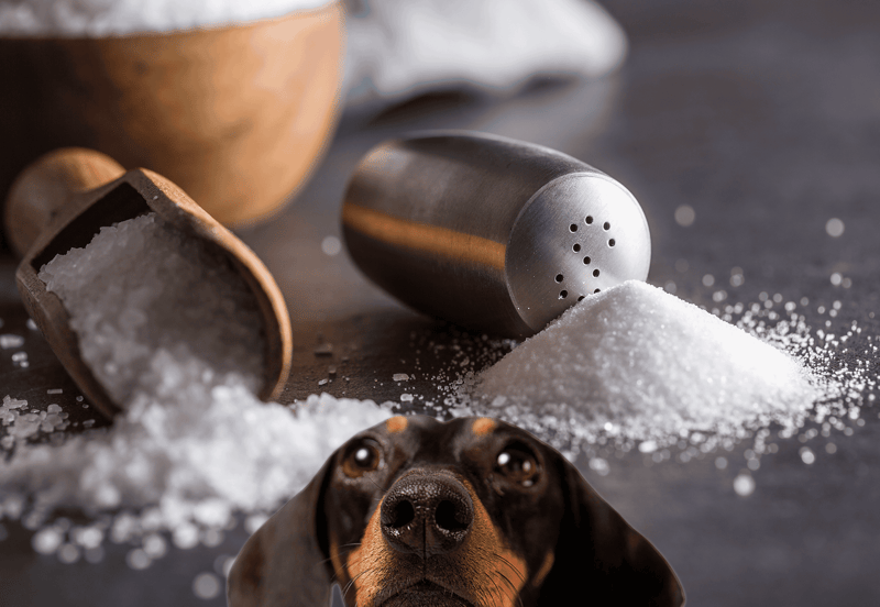 Salt shaker with spilled salt and a curious dog, emphasizing safe pet care tips from Dogfix.com.