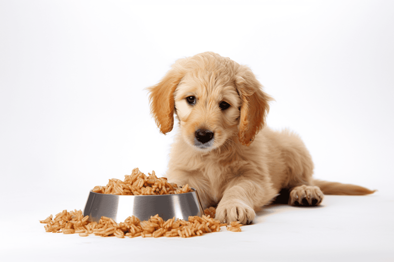 Adorable golden puppy with food bowl on plain white background, promoting dog meal delivery service.