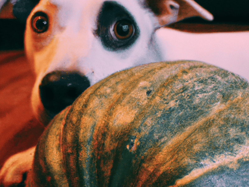Close-up of happy dog holding pumpkin, healthy pet diet, nutritious dog food.