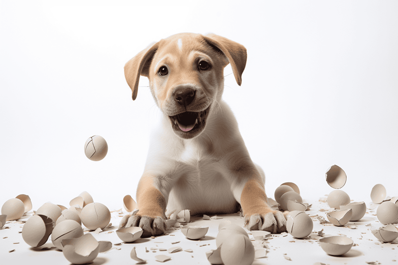 Adorable puppy with a joyful expression surrounded by broken eggs, showcasing playful and cute dog images for pet lovers.