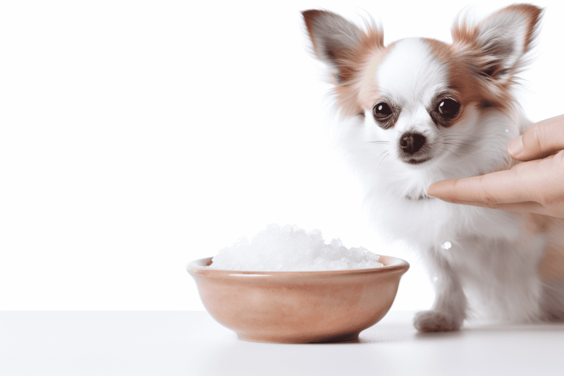 Adorable Chihuahua with salt bowl, dog treat, pet health, natural snacks, dog nutrition.