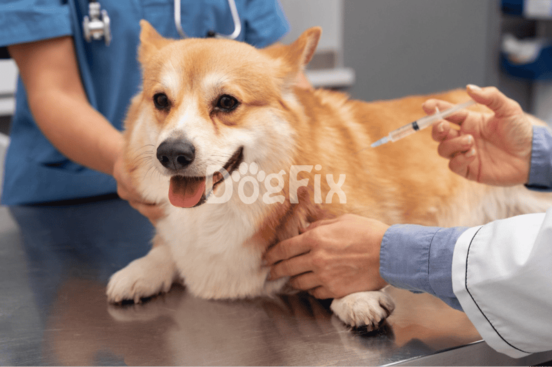 Dog receiving vaccination at vet clinic for health and preventive care.