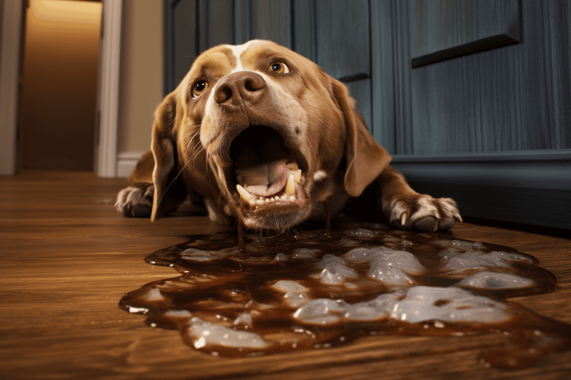 Dog drinking spilled water on wooden floor, hungry dog looks eager to hydrate.
