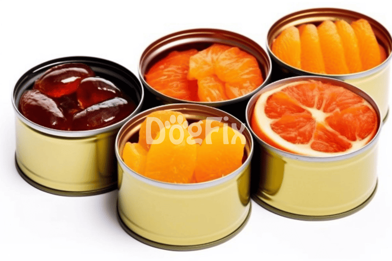 Rich selection of canned fruit including oranges, mandarins, cherries, and mixed fruit for dog nutrition.