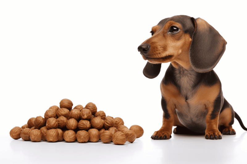 Cute dachshund puppy with hazelnuts Full of healthy snack options for dogs.