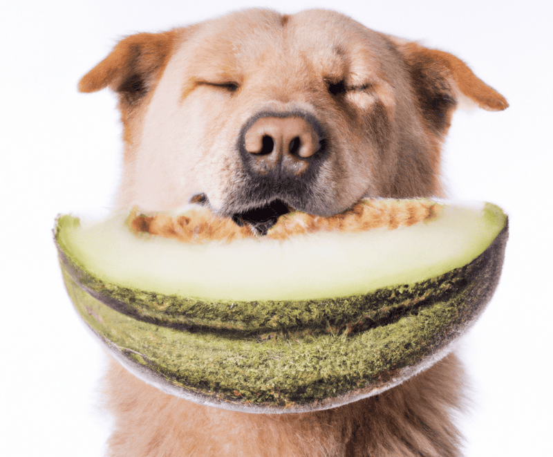 Dog holding a slice of honeydew melon in its mouth for a fresh snack appeal.