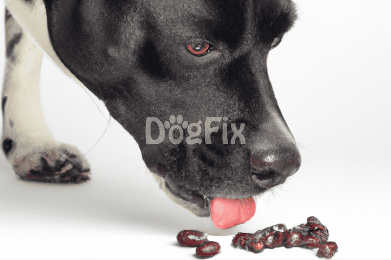 Adorable black and white puppy eating tasty dog treats on a white background.