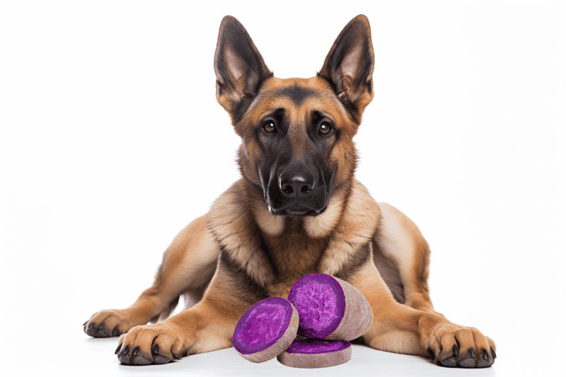 Cute German Shepherd dog laying down with purple sweet potatoes on white background.