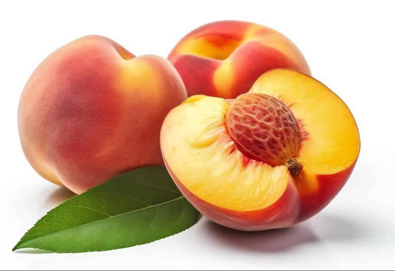Fresh peaches with leaves, ideal healthy treat for dogs.