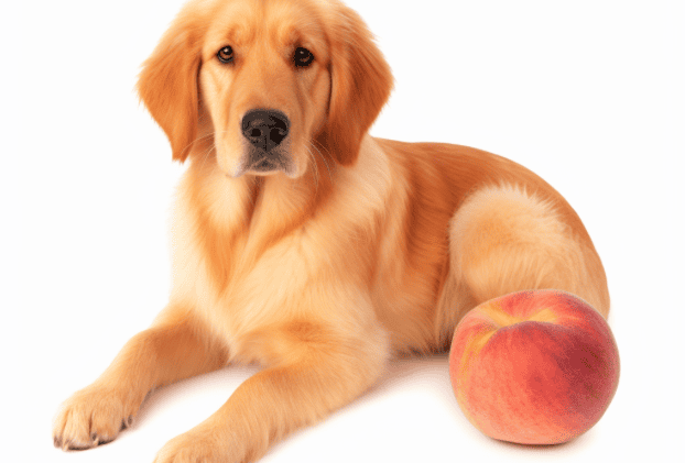 Adorable golden retriever puppy lying next to a ripe peach, ideal for pet and fruit lovers.