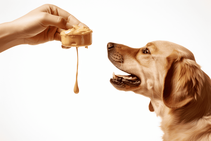 Dog licking creamy peanut butter treat.