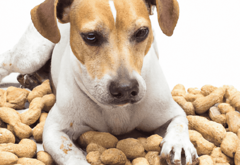 Dog lying on scattered dog treats, highlighting pet comfort and treat quality.