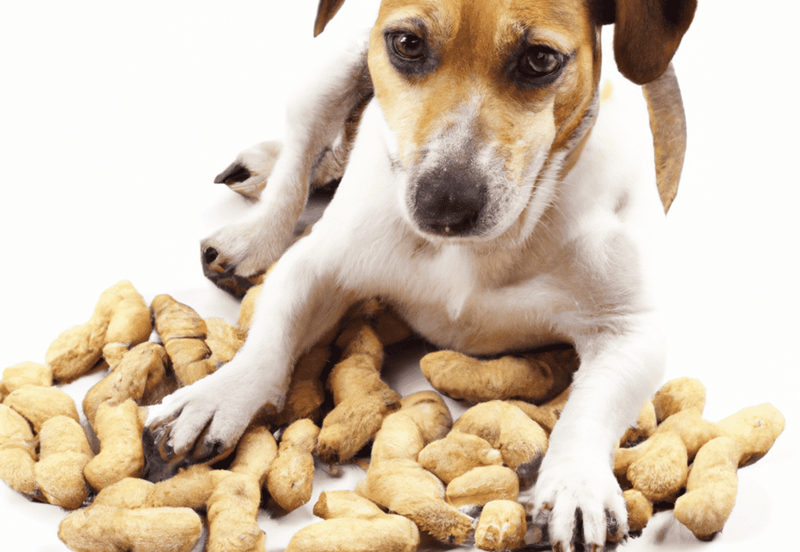 Cute puppy with dog treats on white background.