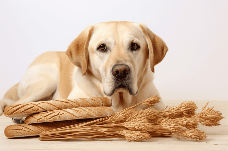 Labrador retriever lying calmly with breadsticks and wheat, emphasizing pet-friendly, natural pet food options.